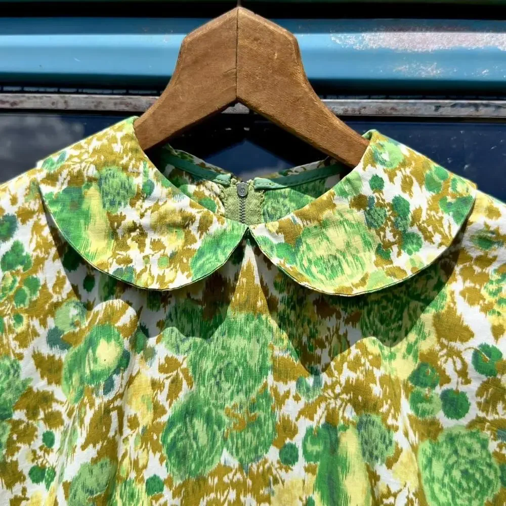 60s mod green cotton day dress magyar sleeve underarm gusset peter pan collar